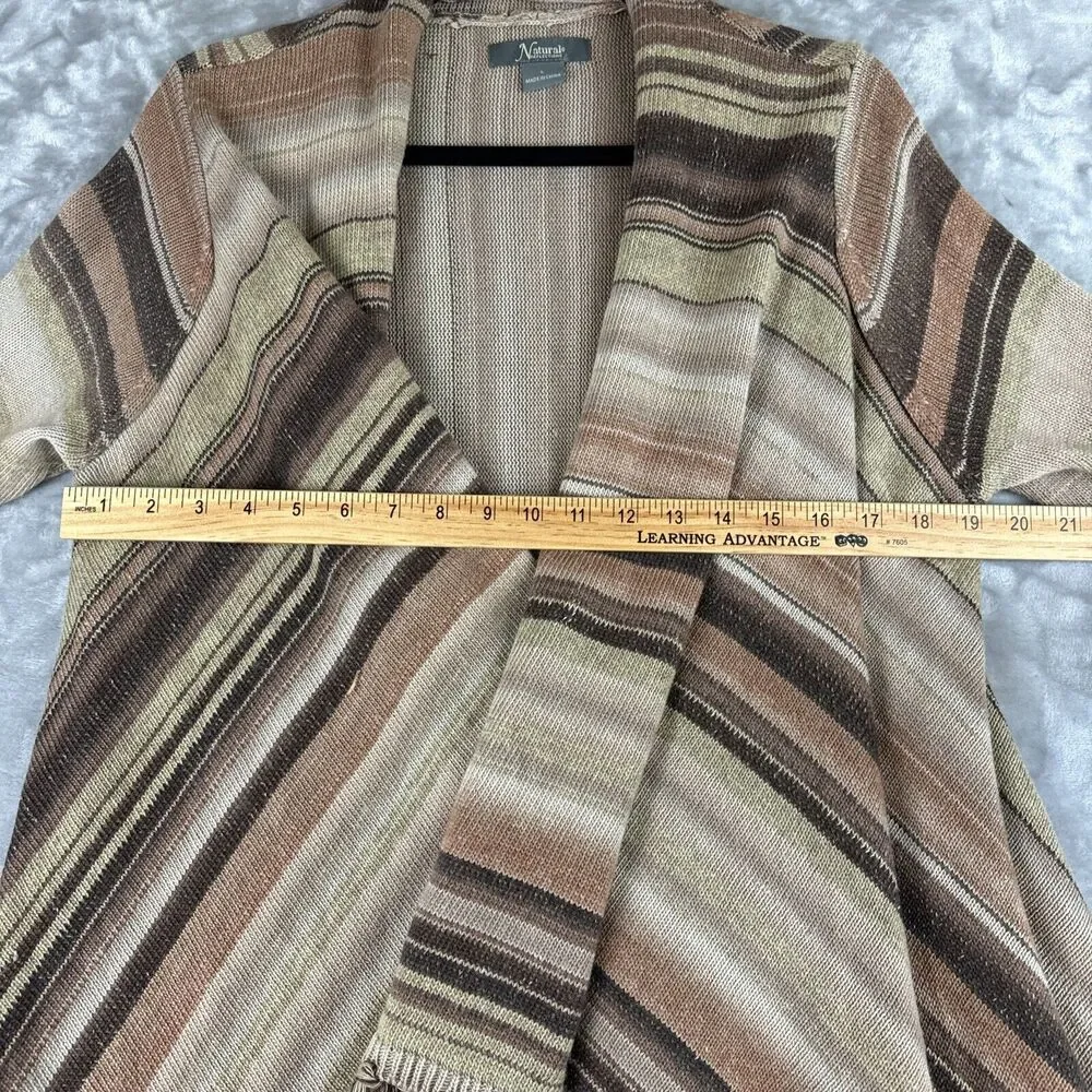 Natural Reflections Stripe Open Front Cardigan Women L Browns Fringe Boho (0786) - Picture 9 of 10